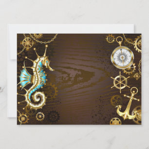 Wooden Background with Mechanical Seahorse Holiday Card