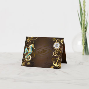 Wooden Background with Mechanical Seahorse Holiday Card