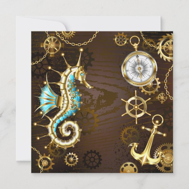 Wooden Background with Mechanical Seahorse Holiday Card (Front)
