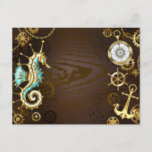 Wooden Background with Mechanical Seahorse Holiday Postcard