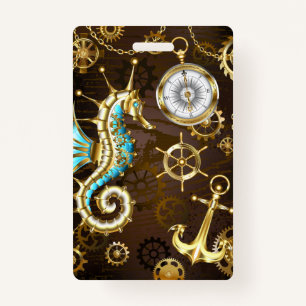 Wooden Background with Mechanical Seahorse ID Badge