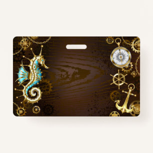 Wooden Background with Mechanical Seahorse ID Badge