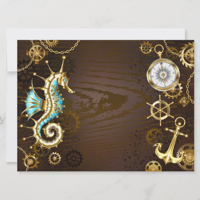 Wooden Background with Mechanical Seahorse Invitation (Front)