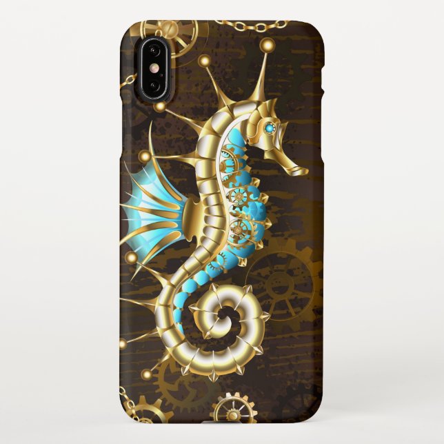 Wooden Background with Mechanical Seahorse iPhone Case (Back)