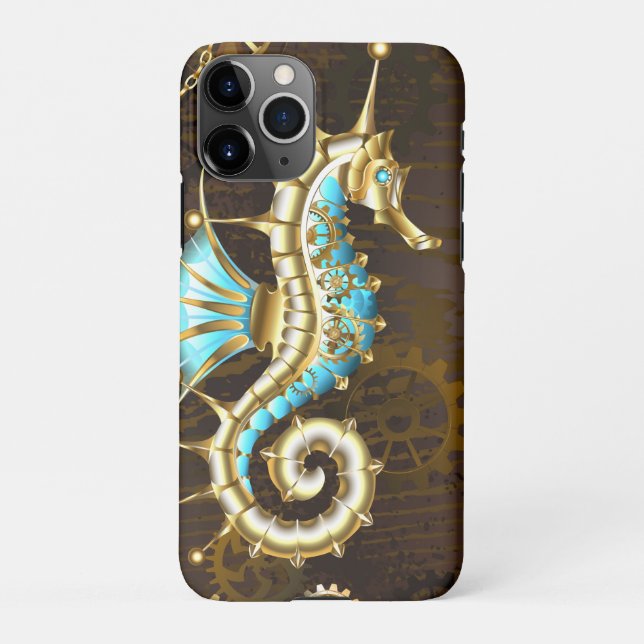 Wooden Background with Mechanical Seahorse iPhone Case (Back)