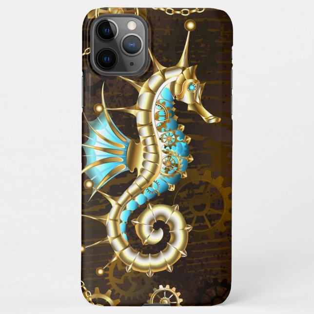 Wooden Background with Mechanical Seahorse iPhone Case (Back)