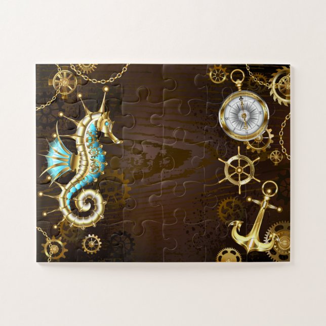 Wooden Background with Mechanical Seahorse Jigsaw Puzzle (Horizontal)