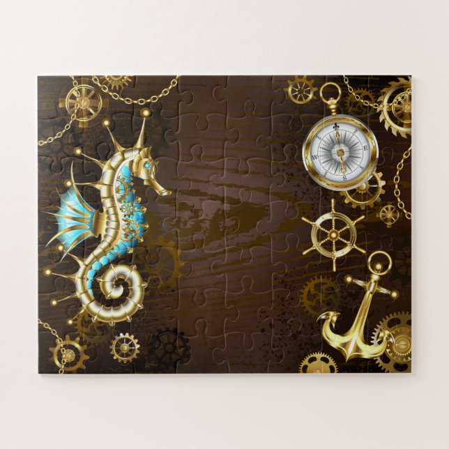 Wooden Background with Mechanical Seahorse Jigsaw Puzzle (Horizontal)