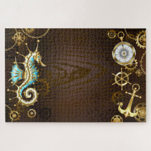 Wooden Background with Mechanical Seahorse Jigsaw Puzzle