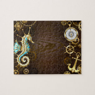 Wooden Background with Mechanical Seahorse Jigsaw Puzzle