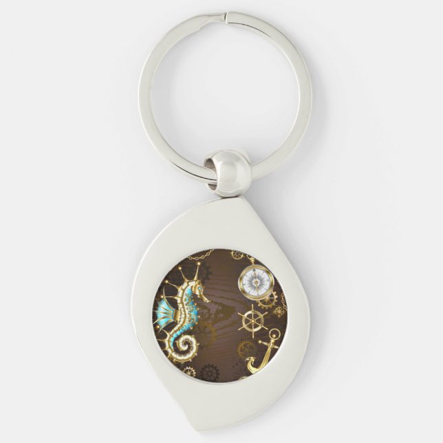 Wooden Background with Mechanical Seahorse Key Ring (Front)