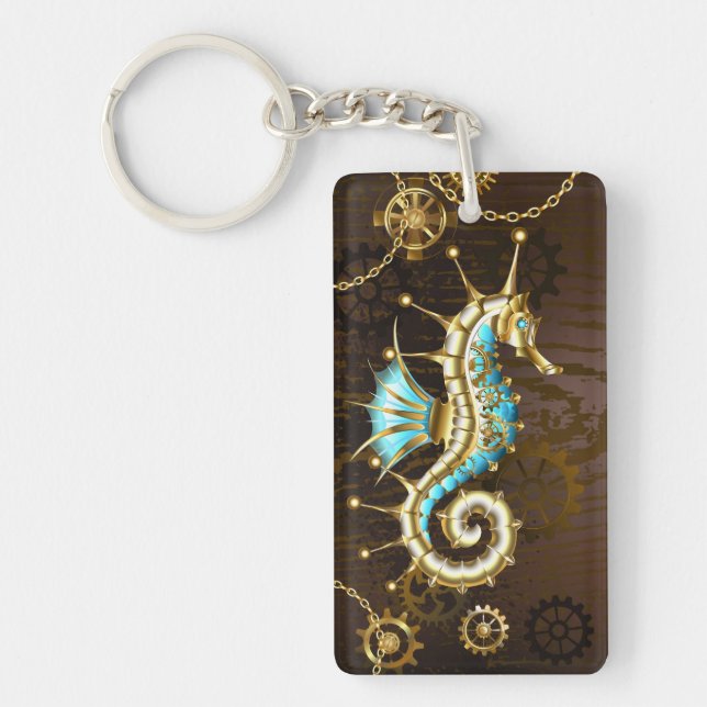 Wooden Background with Mechanical Seahorse Key Ring (Front)
