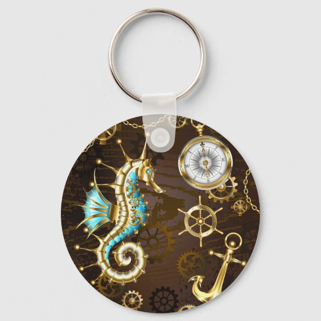 Wooden Background with Mechanical Seahorse Key Ring (Front)