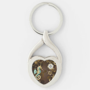 Wooden Background with Mechanical Seahorse Key Ring