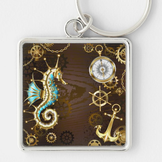 Wooden Background with Mechanical Seahorse Key Ring (Front)