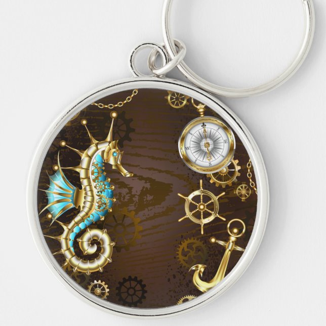 Wooden Background with Mechanical Seahorse Key Ring (Front)