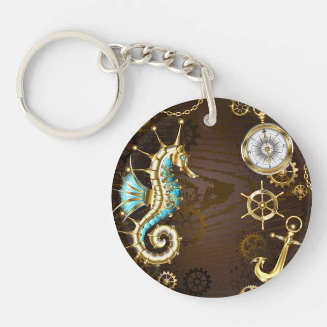 Wooden Background with Mechanical Seahorse Key Ring (Front)