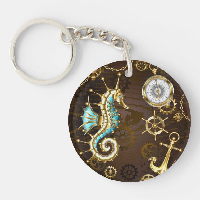 Wooden Background with Mechanical Seahorse Key Ring (Front)