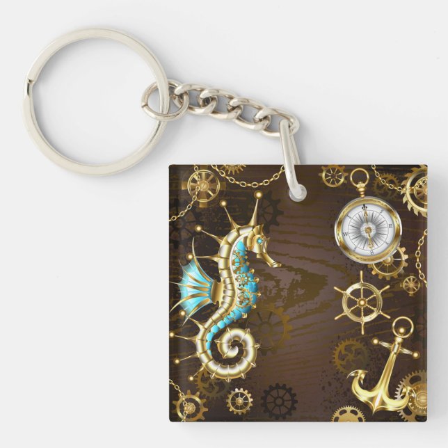 Wooden Background with Mechanical Seahorse Key Ring (Front)