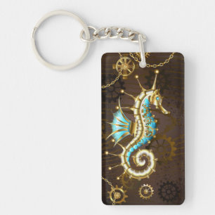 Wooden Background with Mechanical Seahorse Key Ring