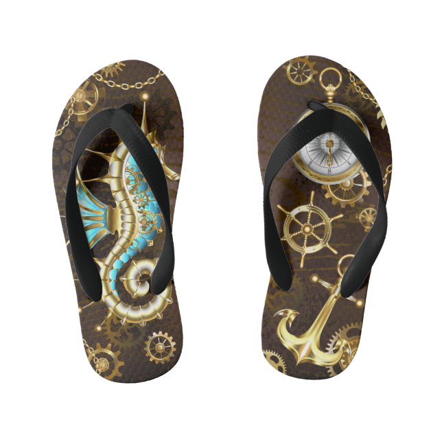 Wooden Background with Mechanical Seahorse Kid's Flip Flops (Footbed)
