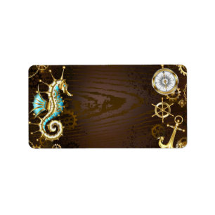 Wooden Background with Mechanical Seahorse Label