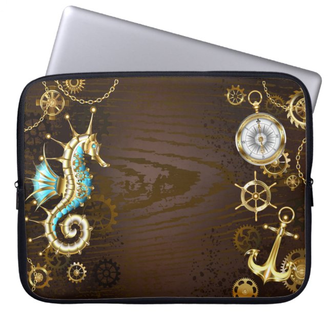 Wooden Background with Mechanical Seahorse Laptop Sleeve (Front)