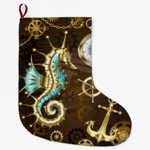 Wooden Background with Mechanical Seahorse Large Christmas Stocking