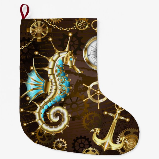 Wooden Background with Mechanical Seahorse Large Christmas Stocking (Front)