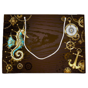 Wooden Background with Mechanical Seahorse Large Gift Bag