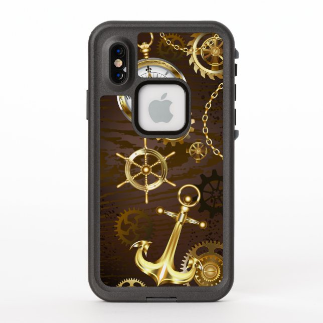 Wooden Background with Mechanical Seahorse LifeProof iPhone Case (Back)