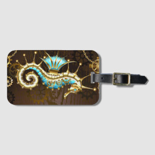 Wooden Background with Mechanical Seahorse Luggage Tag