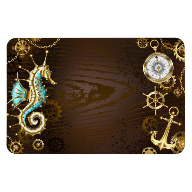 Wooden Background with Mechanical Seahorse Magnet (Horizontal)