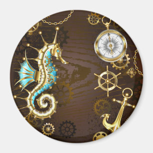 Wooden Background with Mechanical Seahorse Magnet