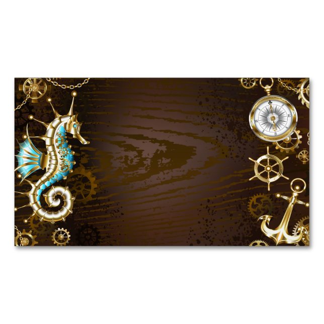 Wooden Background with Mechanical Seahorse Magnetic Business Card (Front)