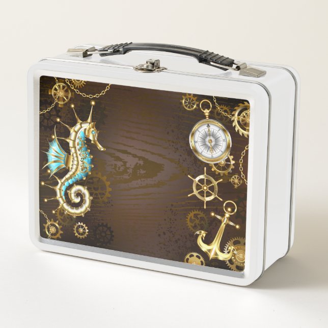 Wooden Background with Mechanical Seahorse Metal Lunch Box (Front)