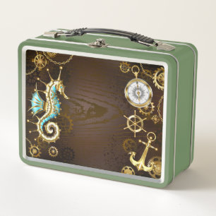 Wooden Background with Mechanical Seahorse Metal Lunch Box