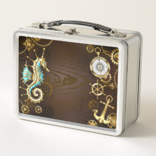 Wooden Background with Mechanical Seahorse Metal Lunch Box