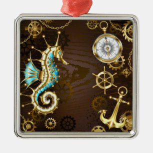 Wooden Background with Mechanical Seahorse Metal Tree Decoration