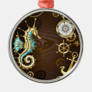 Wooden Background with Mechanical Seahorse Metal Tree Decoration