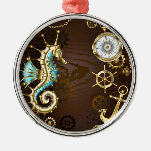 Wooden Background with Mechanical Seahorse Metal Tree Decoration (Front)