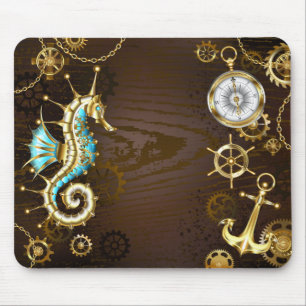 Wooden Background with Mechanical Seahorse Mouse Mat