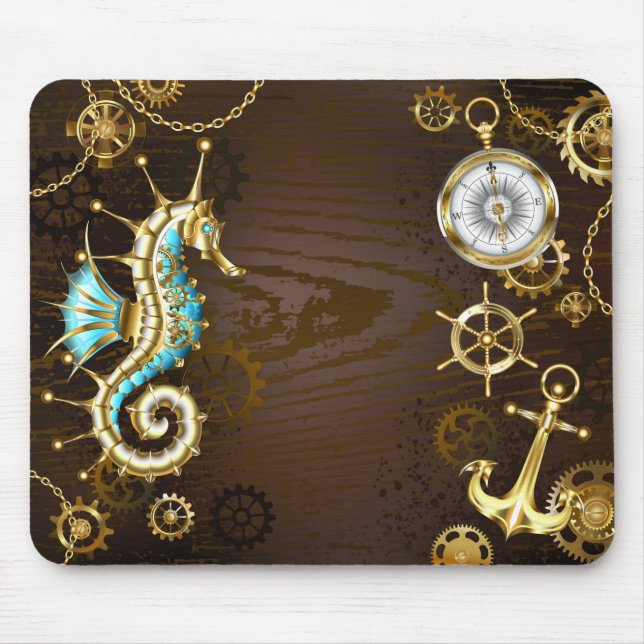 Wooden Background with Mechanical Seahorse Mouse Mat (Front)