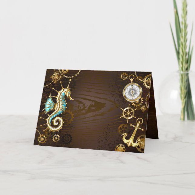 Wooden Background with Mechanical Seahorse Note Card (Front)