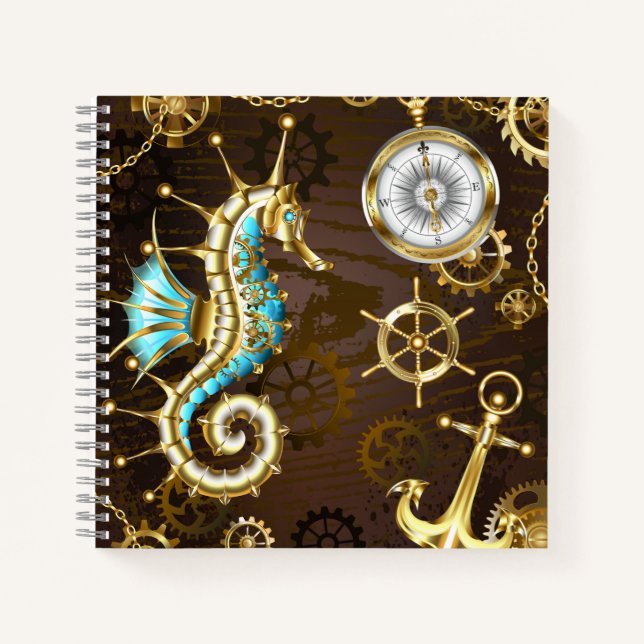 Wooden Background with Mechanical Seahorse Notebook (Front)