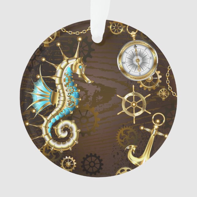 Wooden Background with Mechanical Seahorse Ornament (Front)