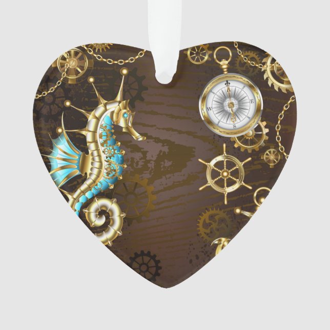 Wooden Background with Mechanical Seahorse Ornament (Front)