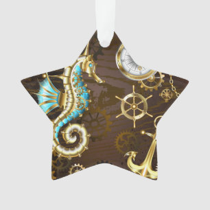 Wooden Background with Mechanical Seahorse Ornament