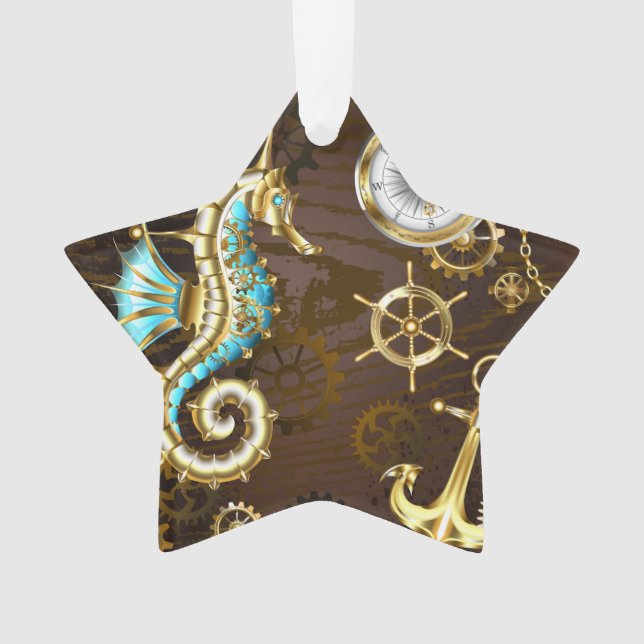 Wooden Background with Mechanical Seahorse Ornament (Front)