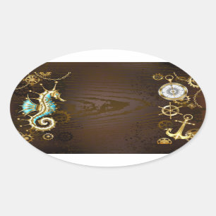 Wooden Background with Mechanical Seahorse Oval Sticker
